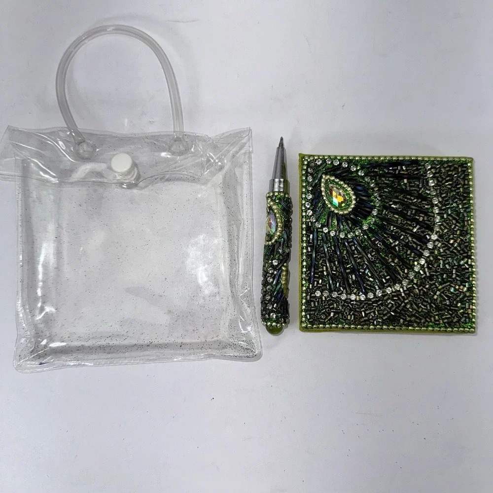 Pier 1 Mini Notebook Green Peacock Sequined With Mini Pen and Plastic Bag